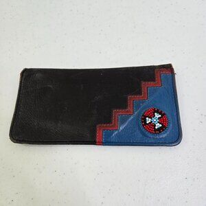 Vintage Bi Fold Wallet Leather Black Blue Red Beaded Southwestern Tribal